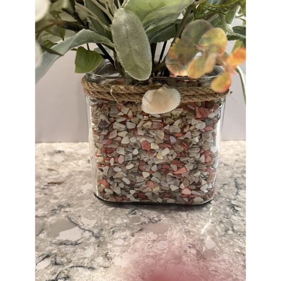 Spring Silk Floral Arrangement Clear Glass Vase Shell Chips Beach Decor - Picture 2 of 9